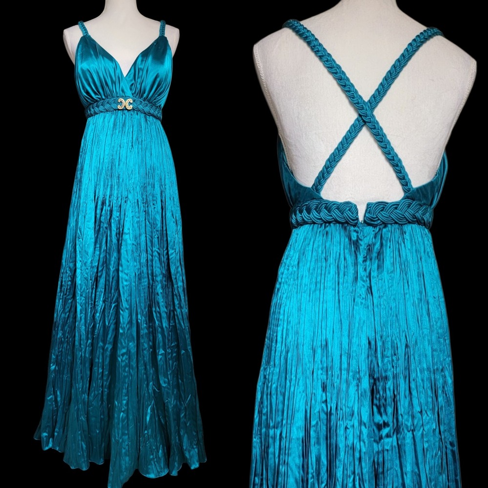 Satin Pleated Grecian‎ Empire Waist Goddess Maxi Dress Formal Gown Brooch Small